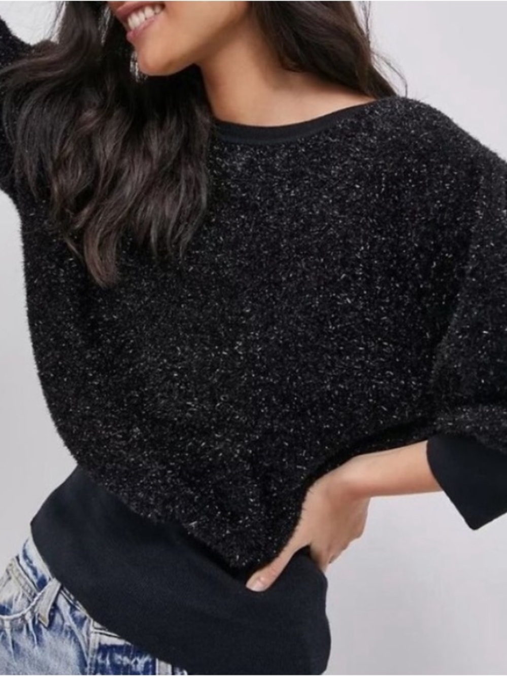 Anthropologie Maeve Pamela Tinsel Black Shimmer Puffy Sleeve Sweater Size Small